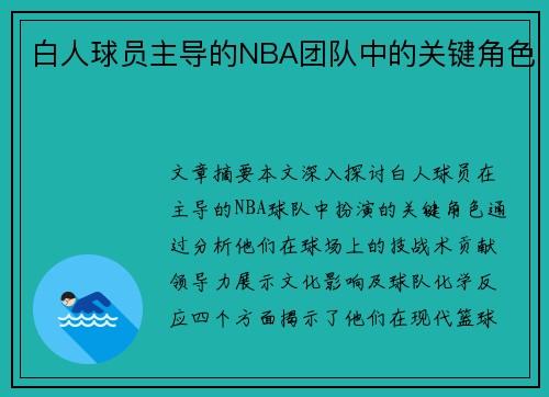 白人球员主导的NBA团队中的关键角色